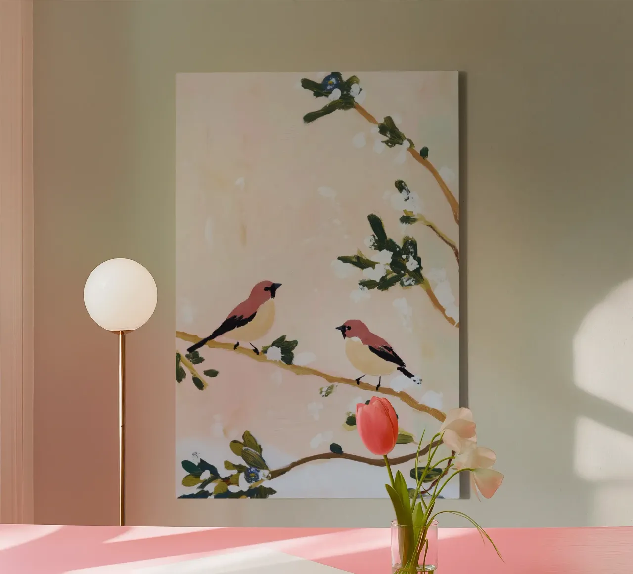 Nature Bird Print, Pastel Muurkunst, Bloem abstract Wildlife canvas met Baklijst van Little Lila
