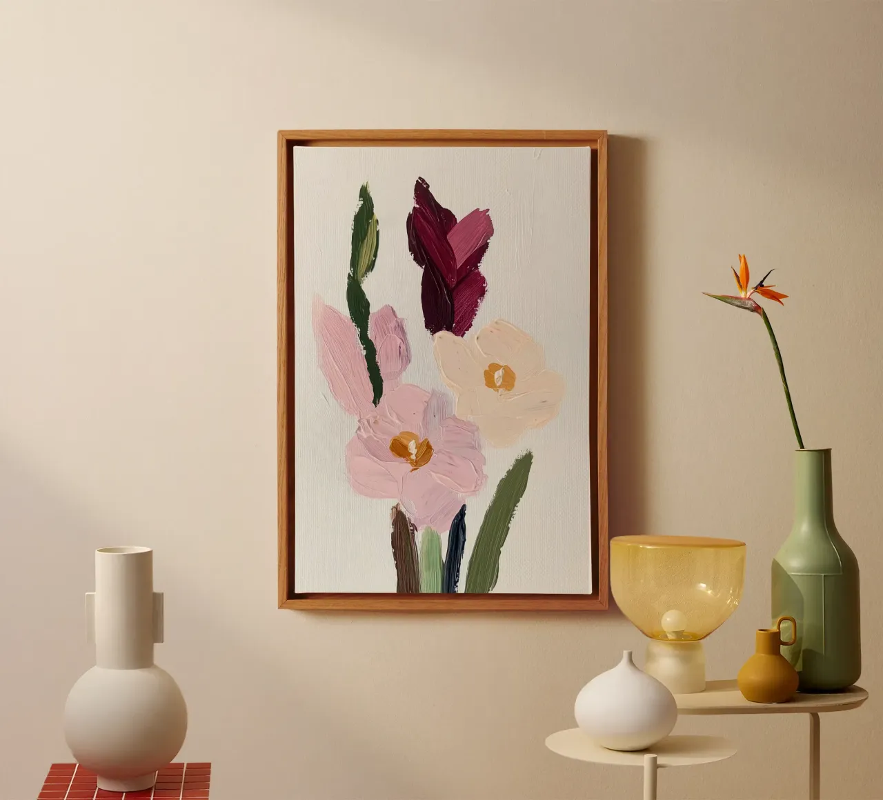 Bloemen abstract, kleurrijke kunstreproducties, abstract bloemenkunstwerk canvas met Baklijst van Little Lila