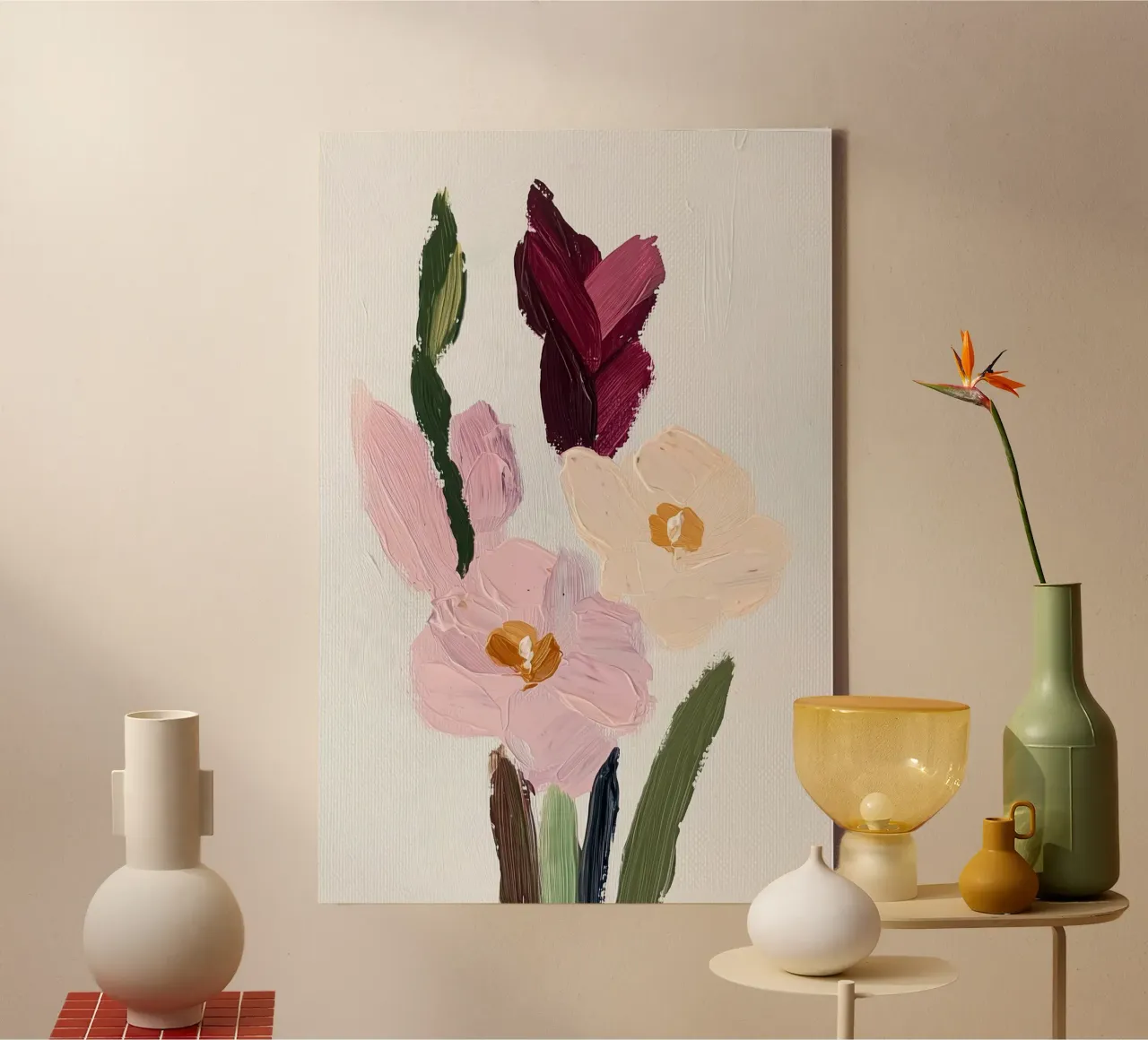 Bloemen abstract, kleurrijke kunstreproducties, abstract bloemenkunstwerk canvas met Baklijst van Little Lila