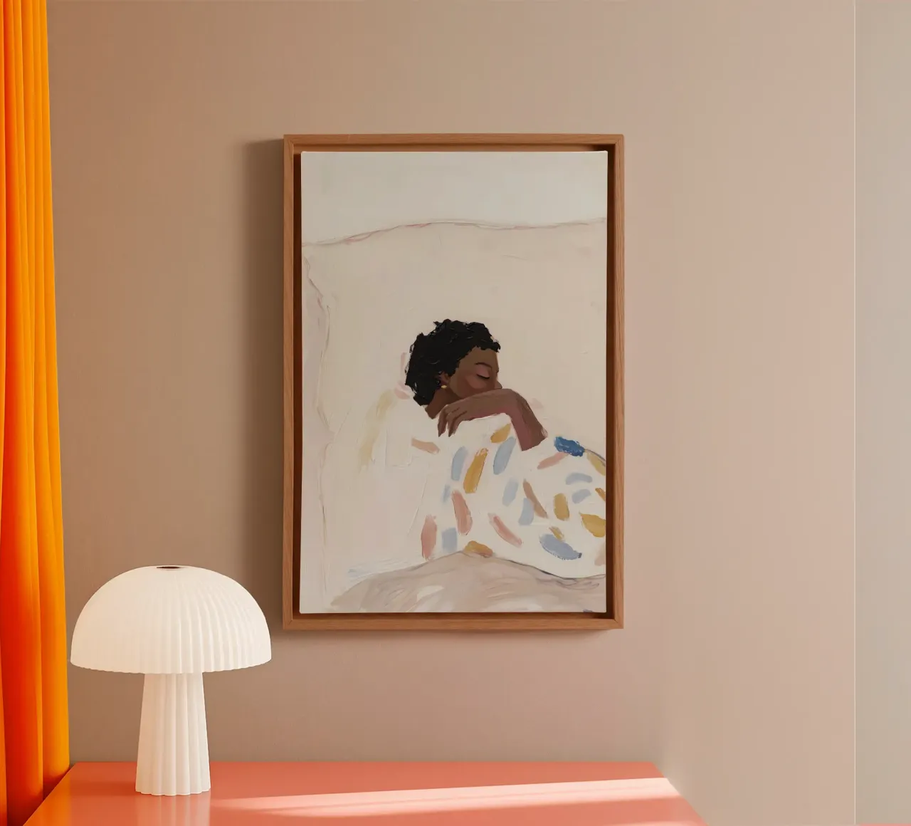 Pittura a olio, arte astratta, illustrazione di donna contemporanea tela con Cornice a cassetta da Little Lila