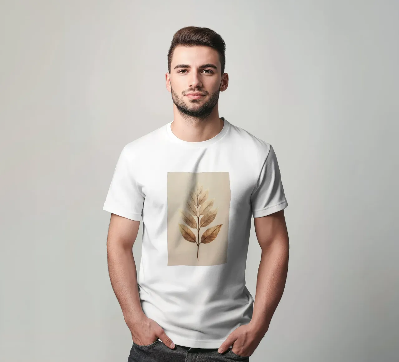 Foglie di piante su un ramo beige t-shirt da Carinaprint