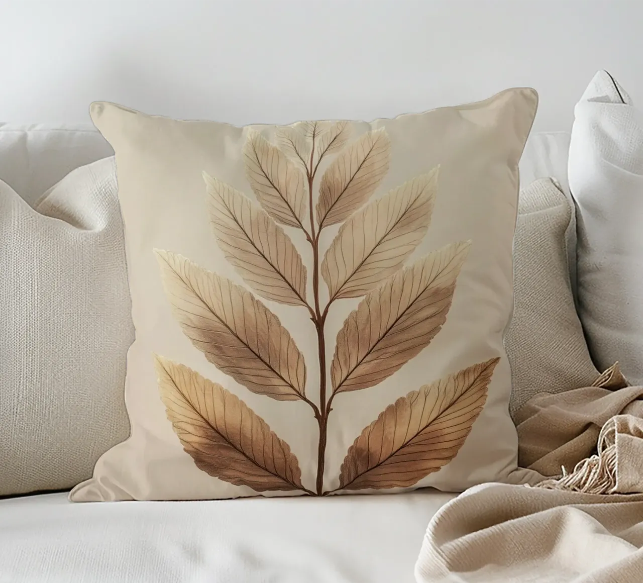 Foglie di piante su un ramo beige cuscino da Carinaprint