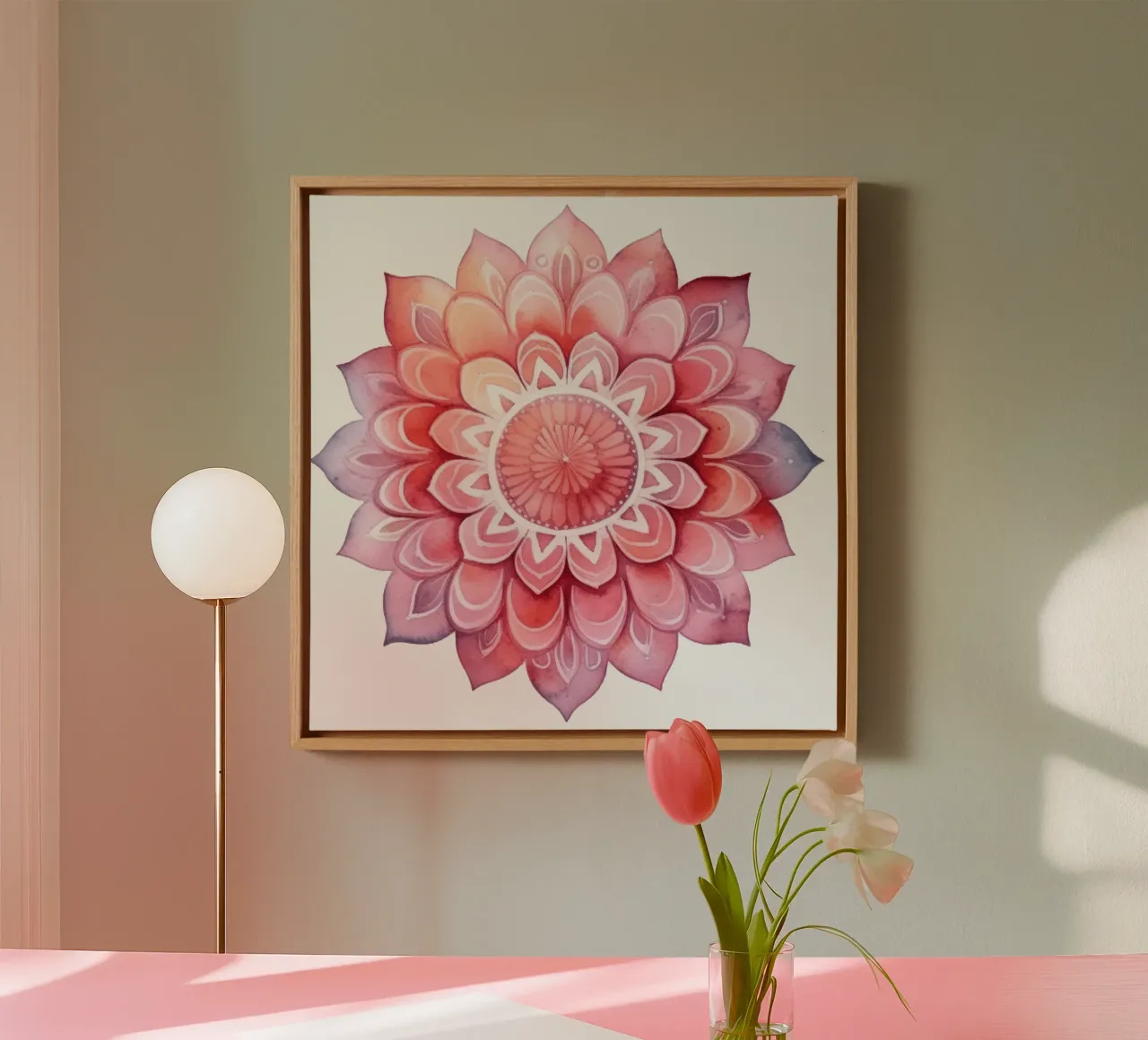 Mandala rosa acquerellato tela con Cornice a cassetta da Spiritual Touch