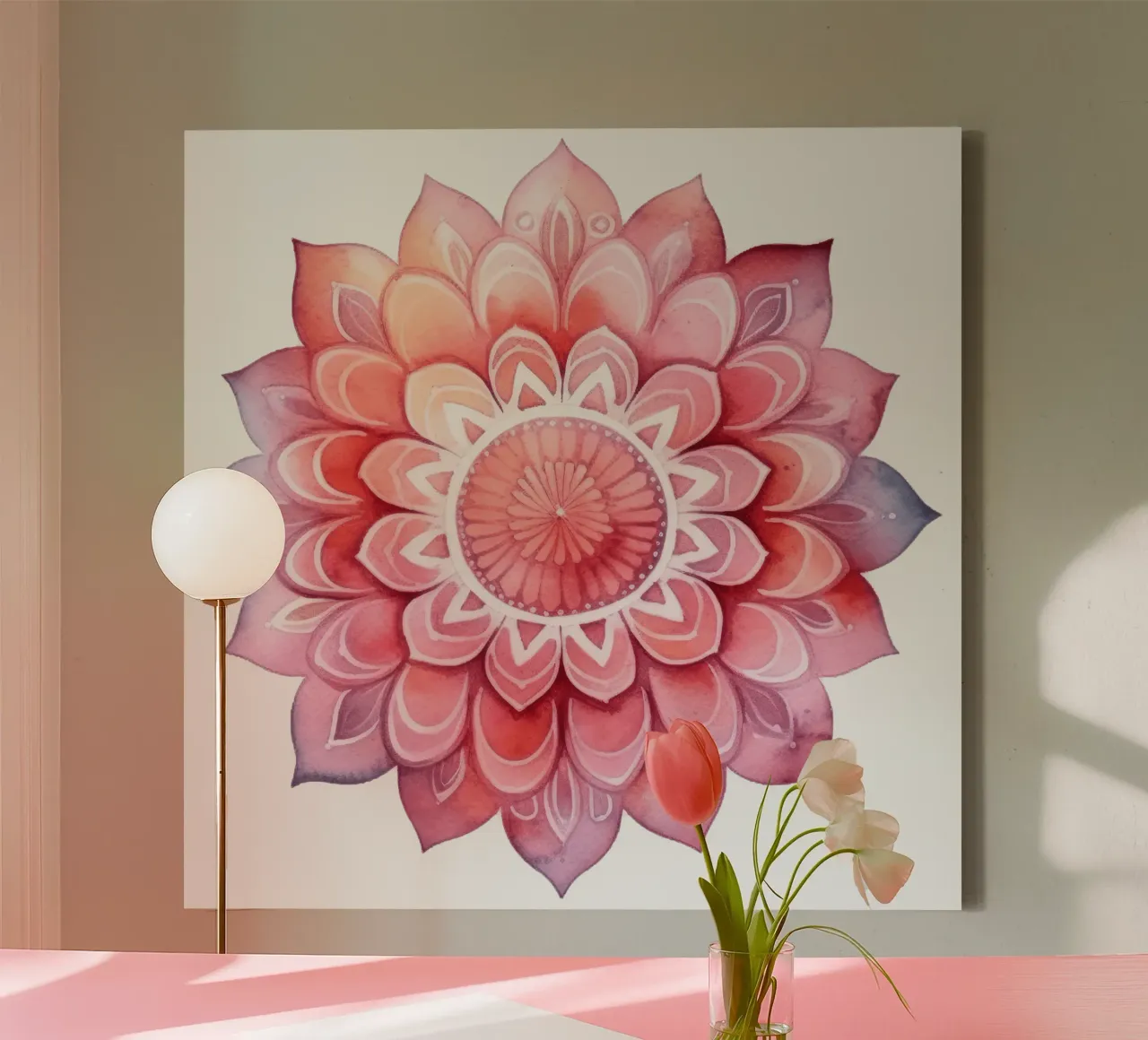 Mandala rosa acquerellato tela con Cornice a cassetta da Spiritual Touch