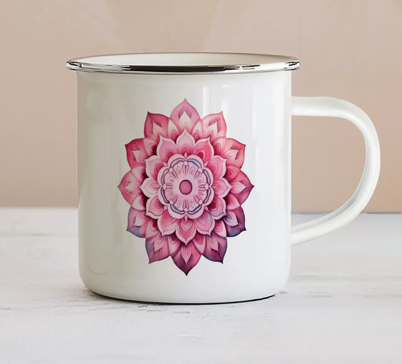 Mandala rosa acquerellato tazza in smalto da Spiritual Touch
