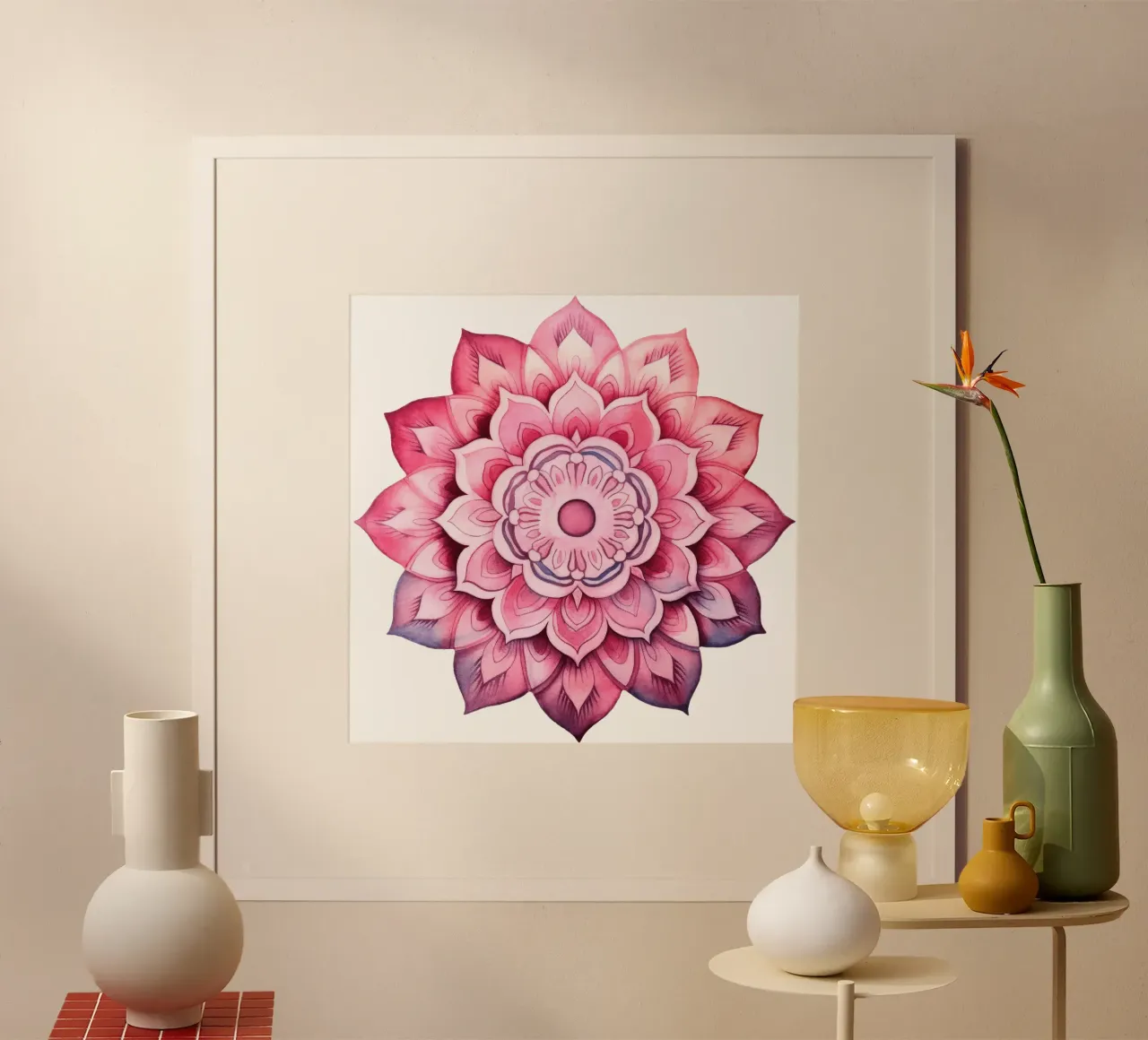 Mandala rosa acquerellato poster con telaio in legno da Spiritual Touch