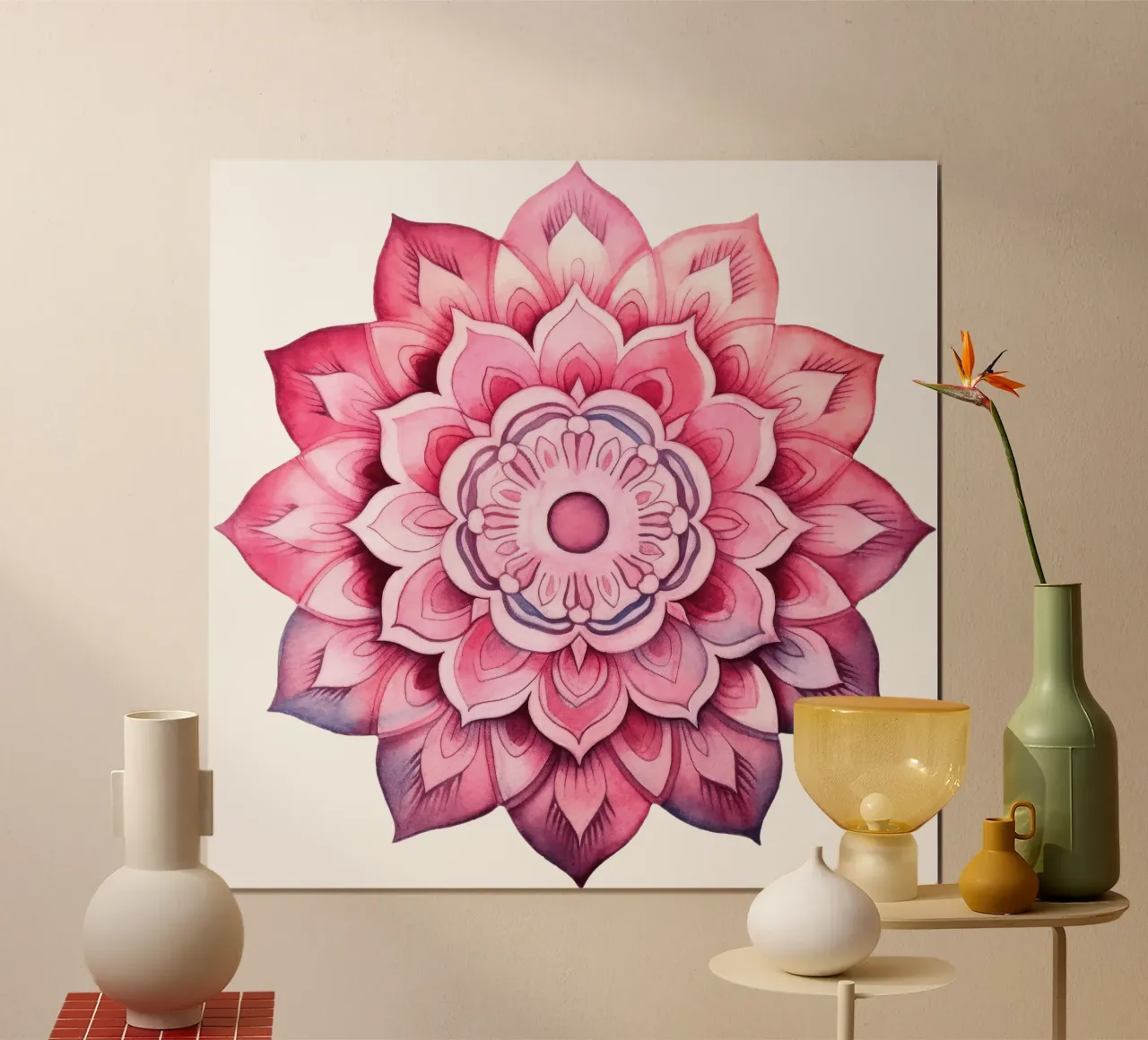 Mandala rosa acquerellato poster con telaio in legno da Spiritual Touch