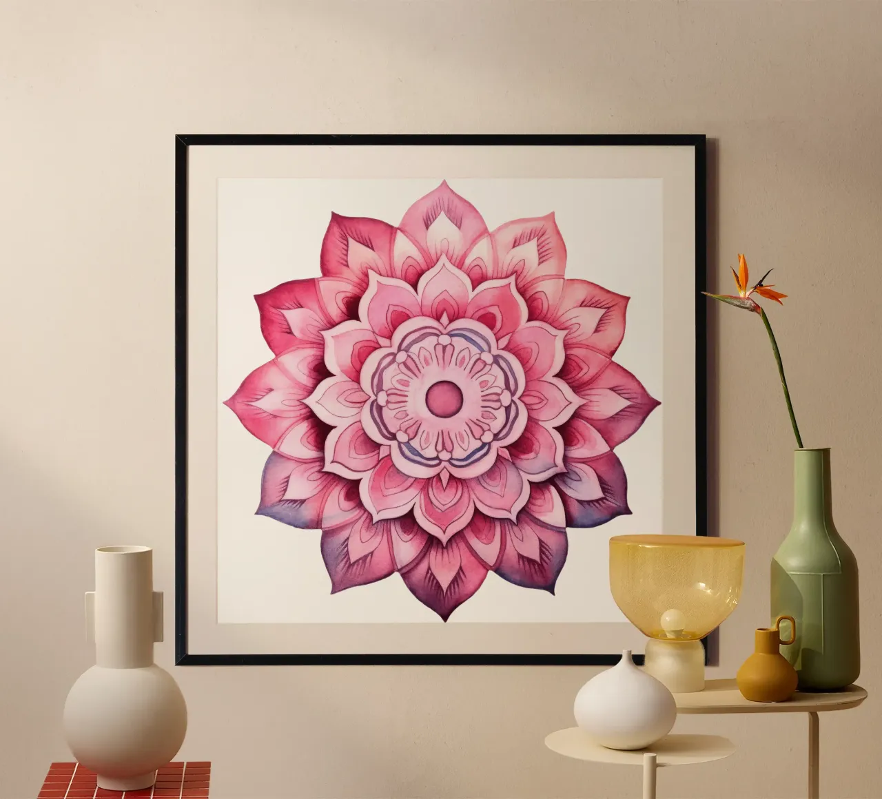 Mandala rosa acquerellato poster con telaio in legno da Spiritual Touch