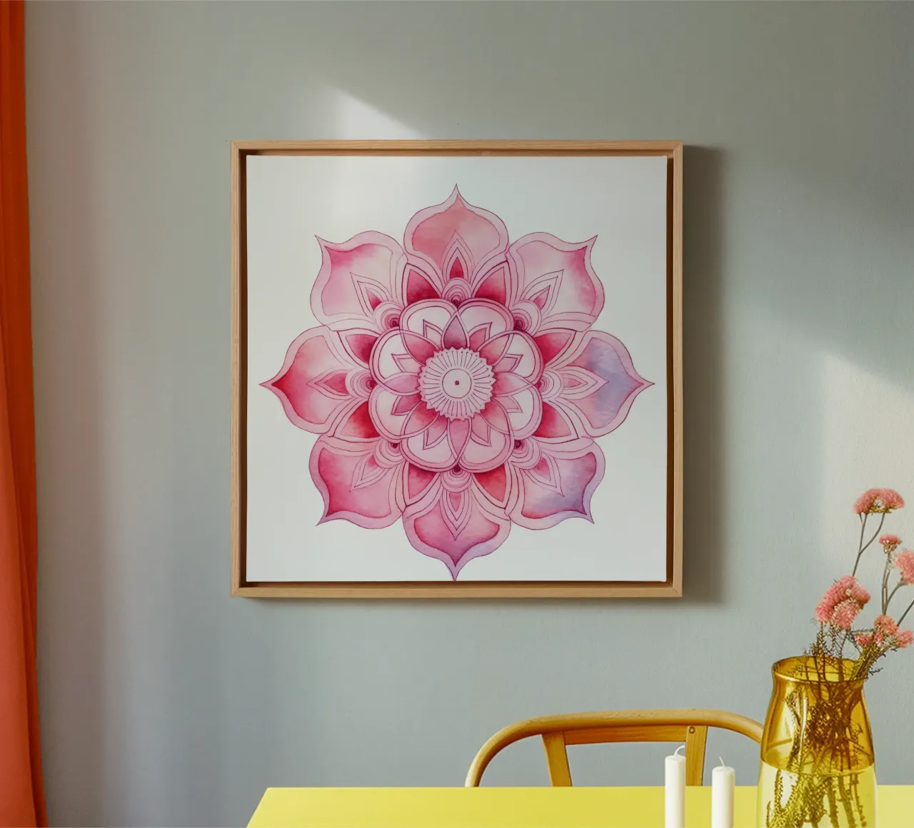 Mandala rosa acquerellato tela con Cornice a cassetta da Spiritual Touch