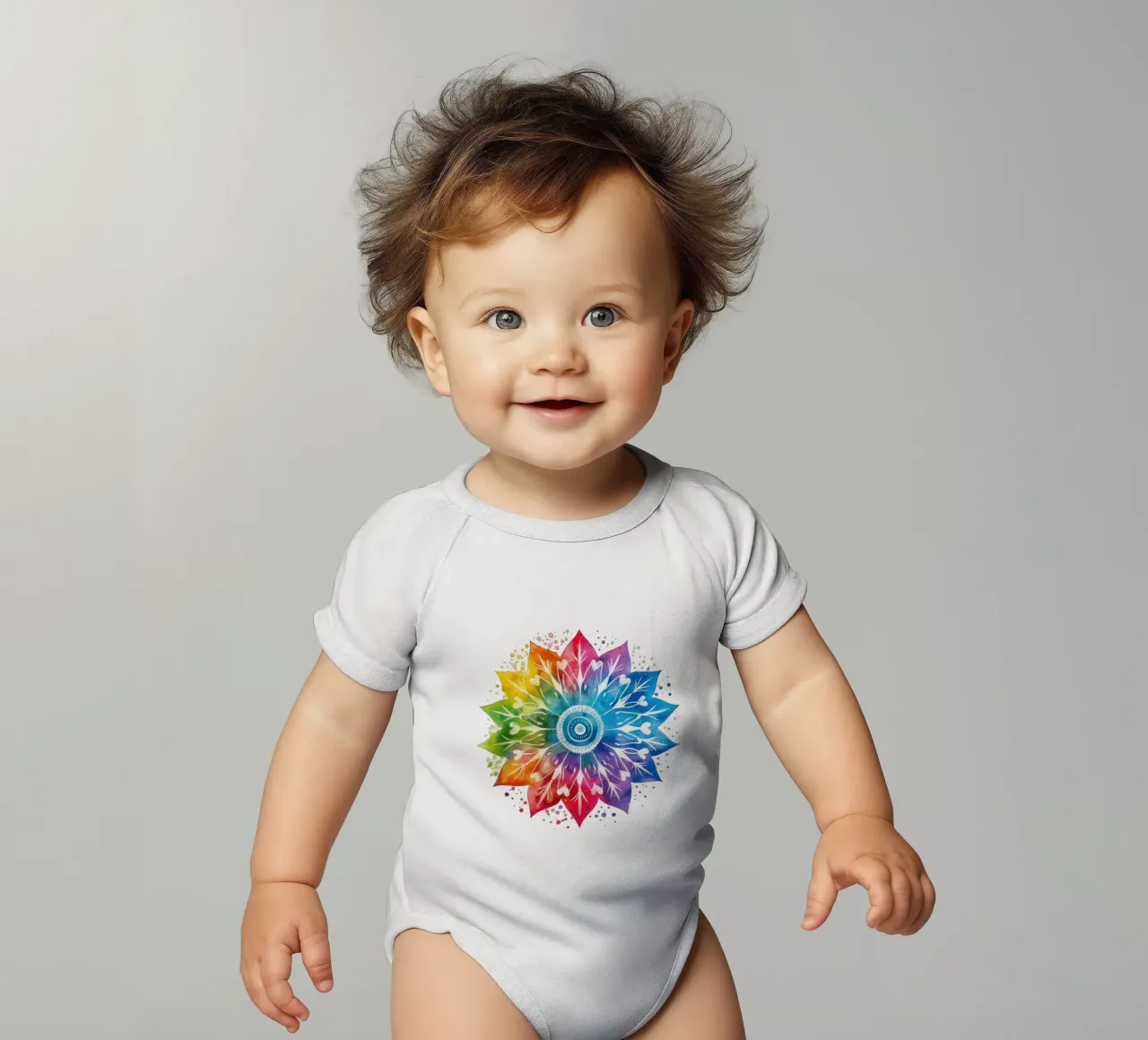 Watercolor Rainbow Mandala short-sleeve baby romper by Spiritual Touch
