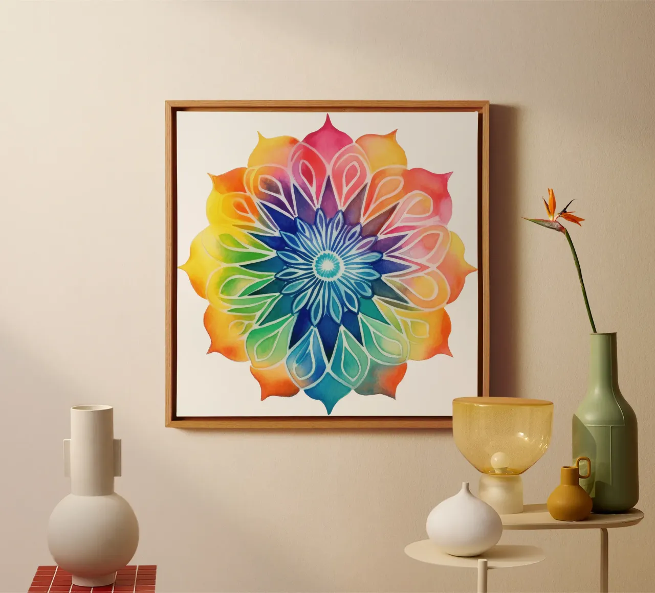 Aquarel Regenboog Mandala canvas met Baklijst van Spiritual Touch