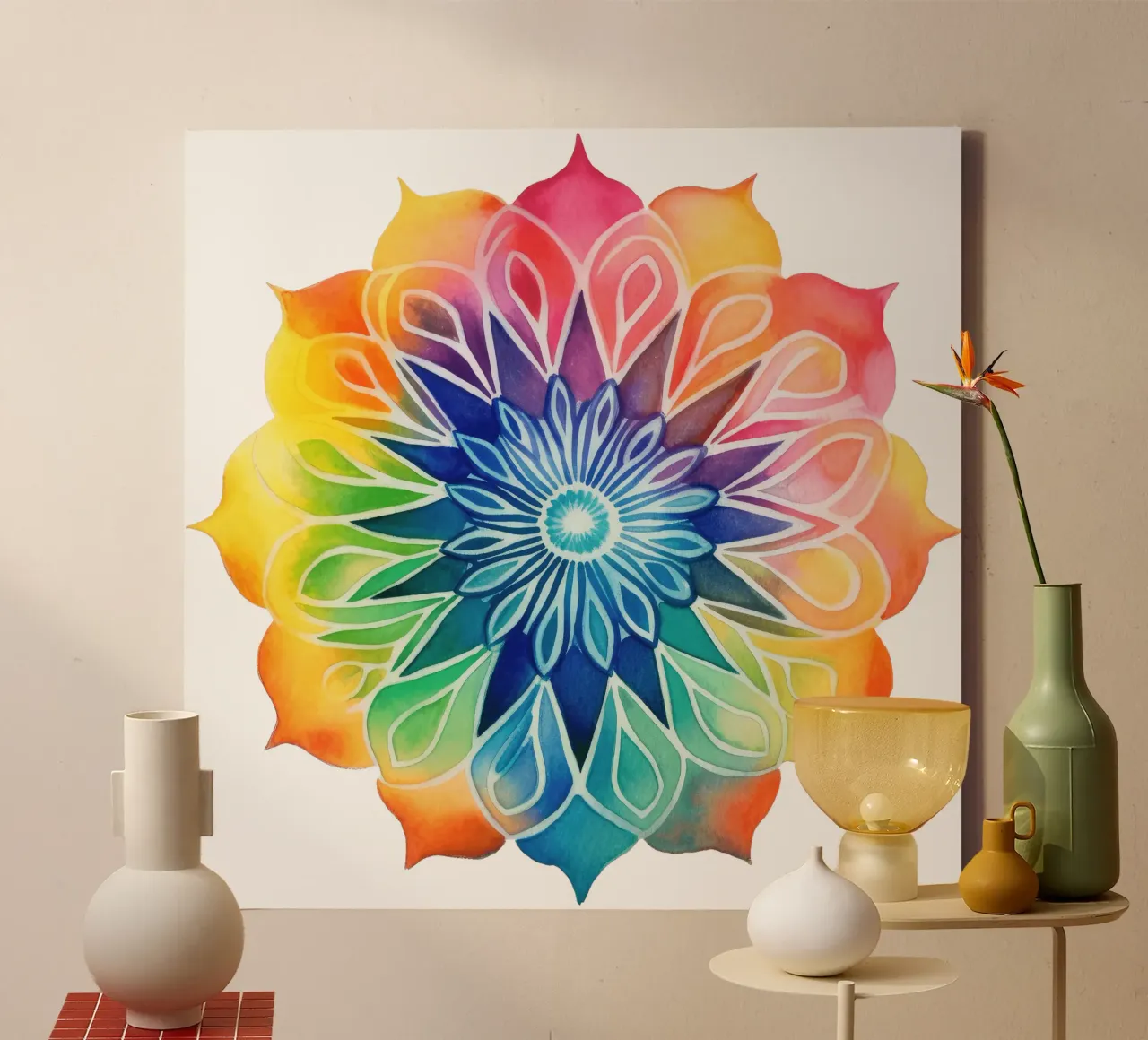 Aquarel Regenboog Mandala canvas met Baklijst van Spiritual Touch