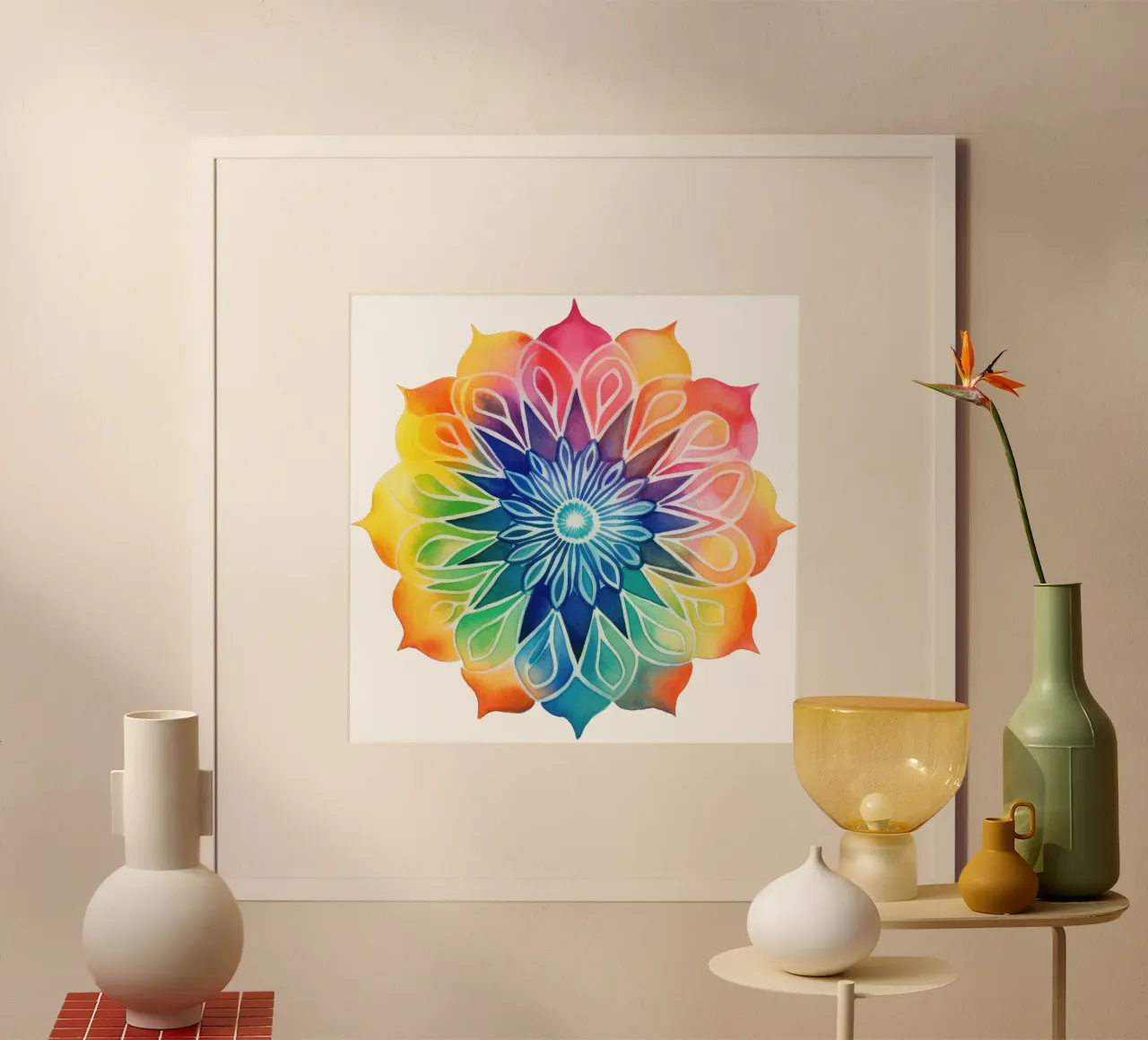 Mandala arcobaleno acquerellato poster con telaio in alluminio da Spiritual Touch