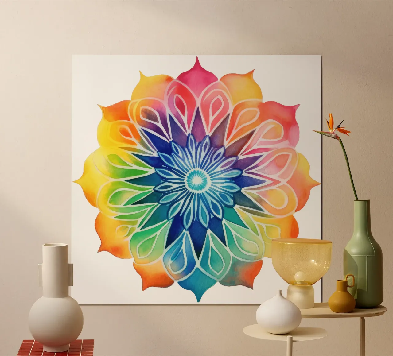 Mandala arcobaleno acquerellato poster con telaio in alluminio da Spiritual Touch