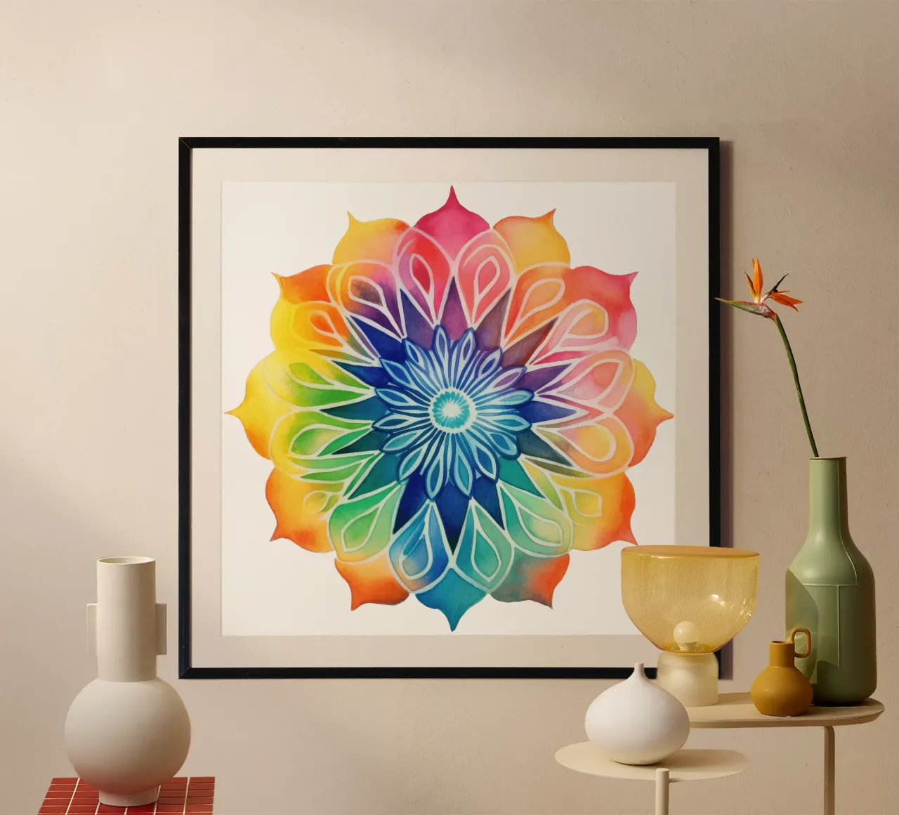 Mandala arcobaleno acquerellato poster con telaio in alluminio da Spiritual Touch