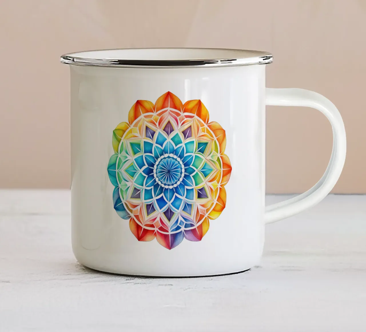 Mandala arcobaleno acquerellato tazza in smalto da Spiritual Touch