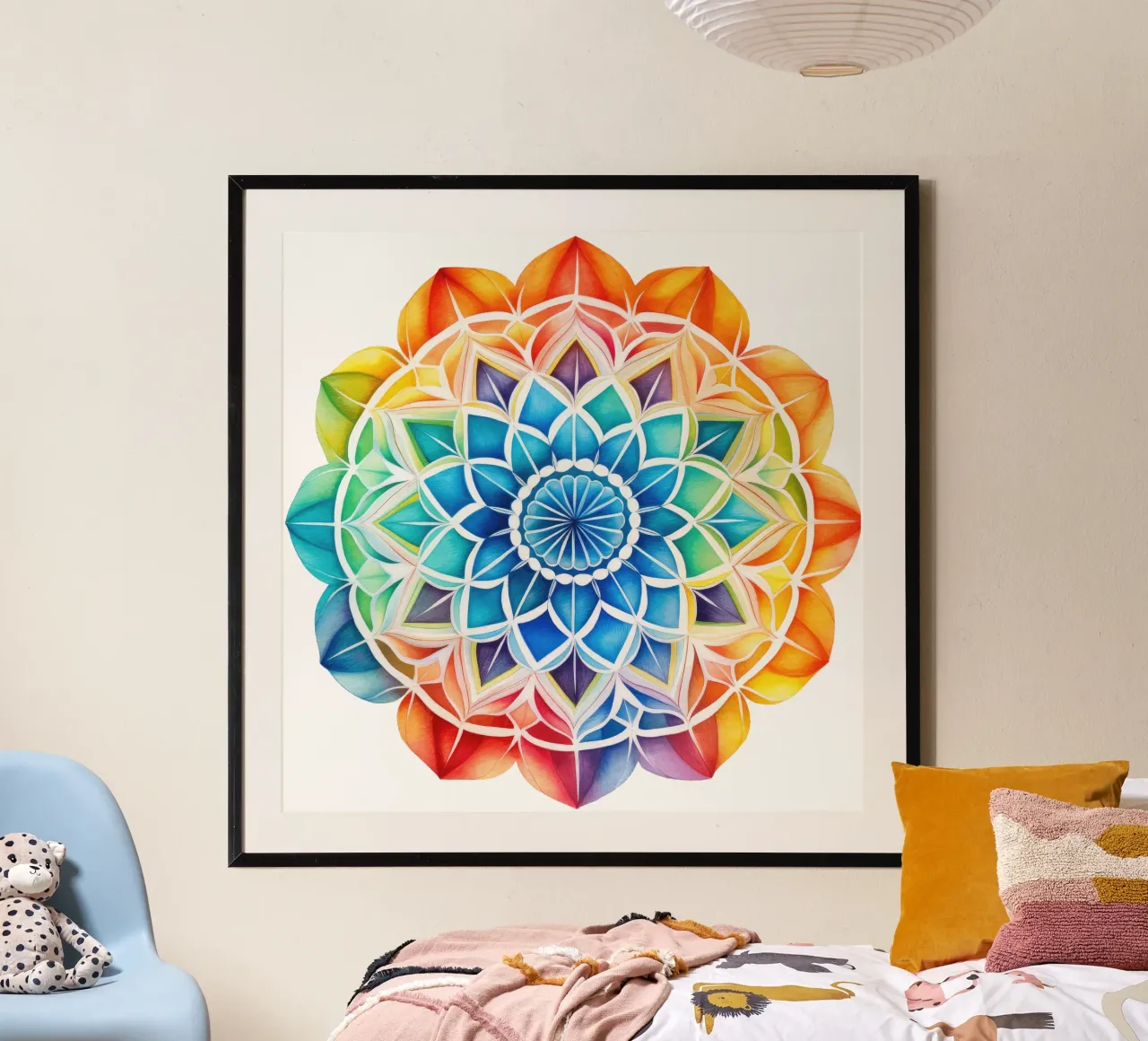 Mandala arcobaleno acquerellato poster con telaio in alluminio da Spiritual Touch