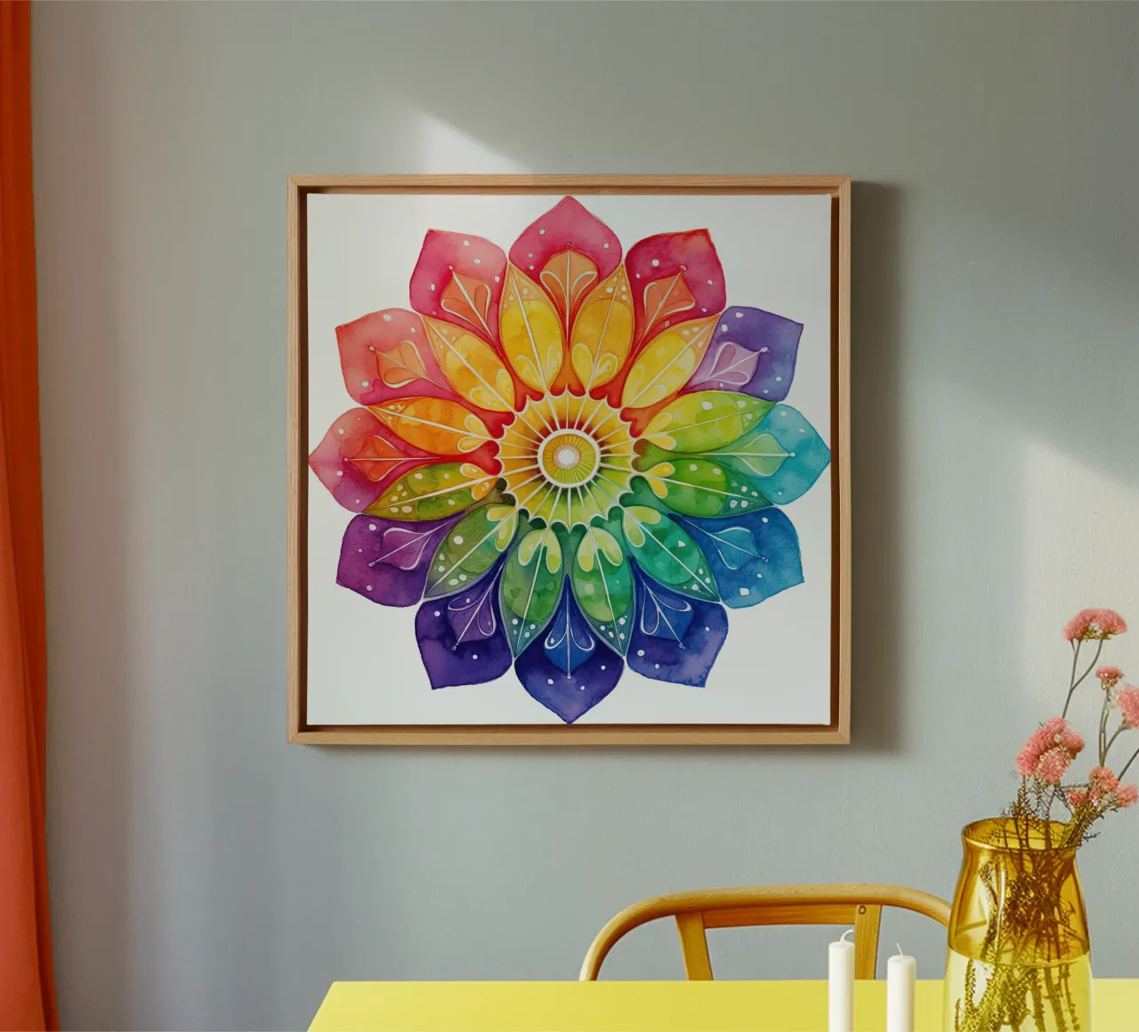 Mandala arcobaleno acquerellato tela con Cornice a cassetta da Spiritual Touch