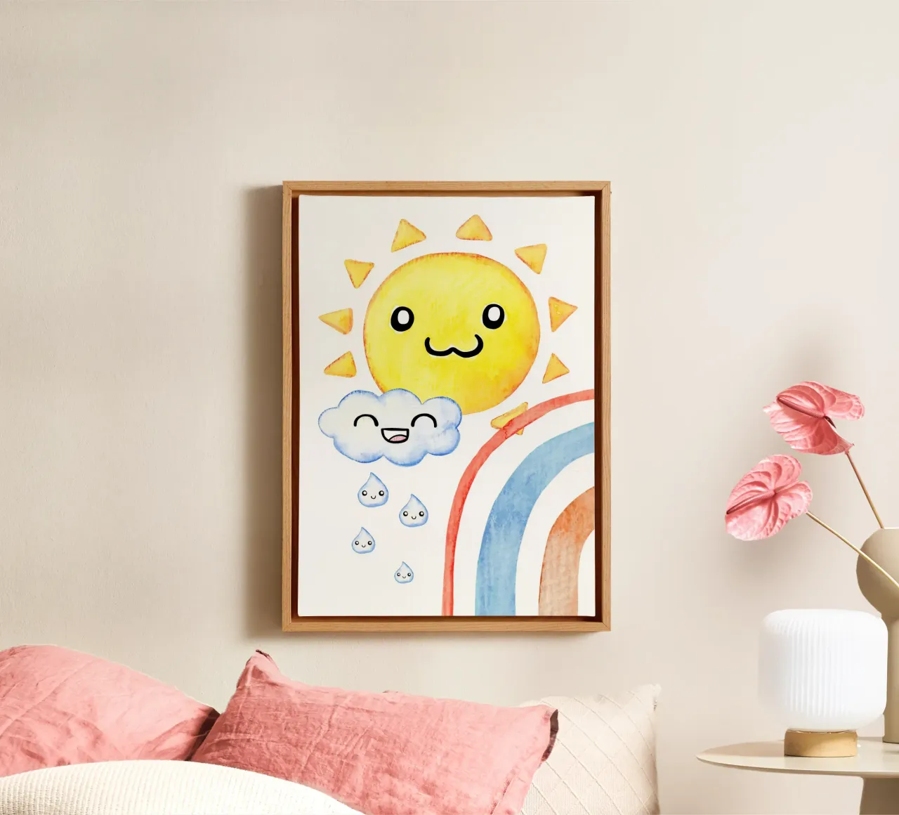 Sonne, Wolke und Regenbogen in Wasserfarbe tela con Cornice a cassetta da BAINAI KIDS