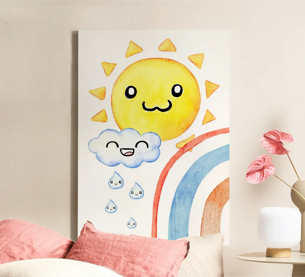 Sonne, Wolke und Regenbogen in Wasserfarbe tela con Cornice a cassetta da BAINAI KIDS