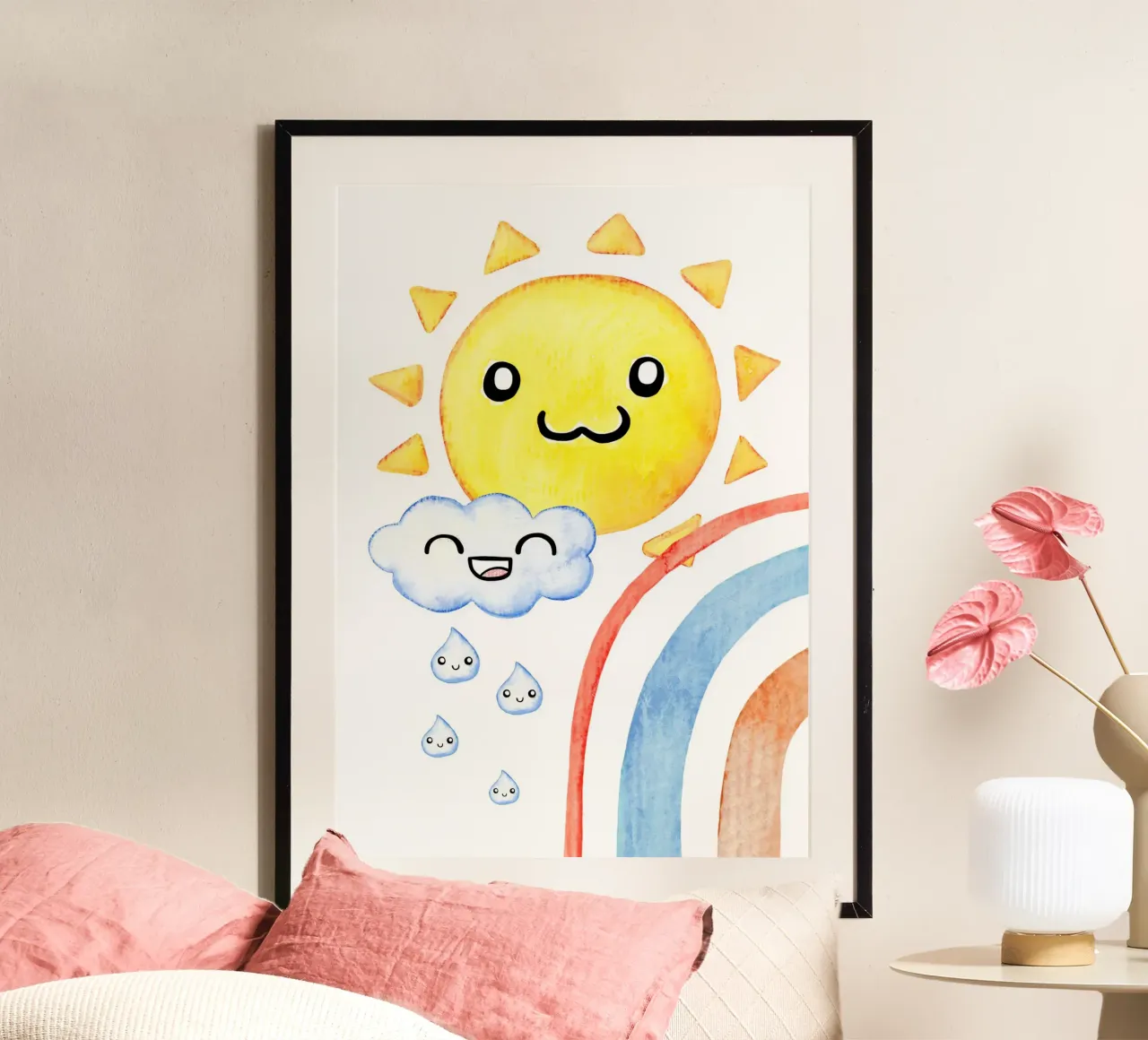 Sonne, Wolke und Regenbogen in Wasserfarbe carta hahnemühle da BAINAI KIDS