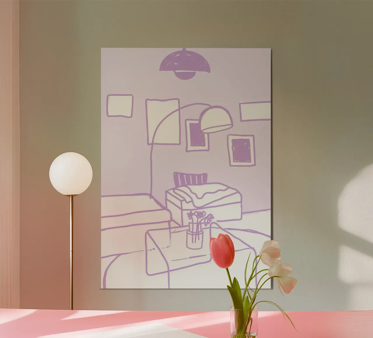 Living room in lilac poster with plastic frame by designlenamarie