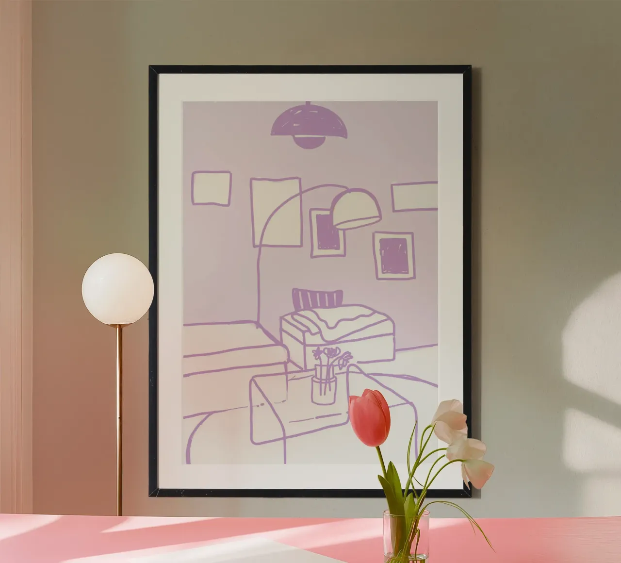 Living room in lilac poster with plastic frame by designlenamarie