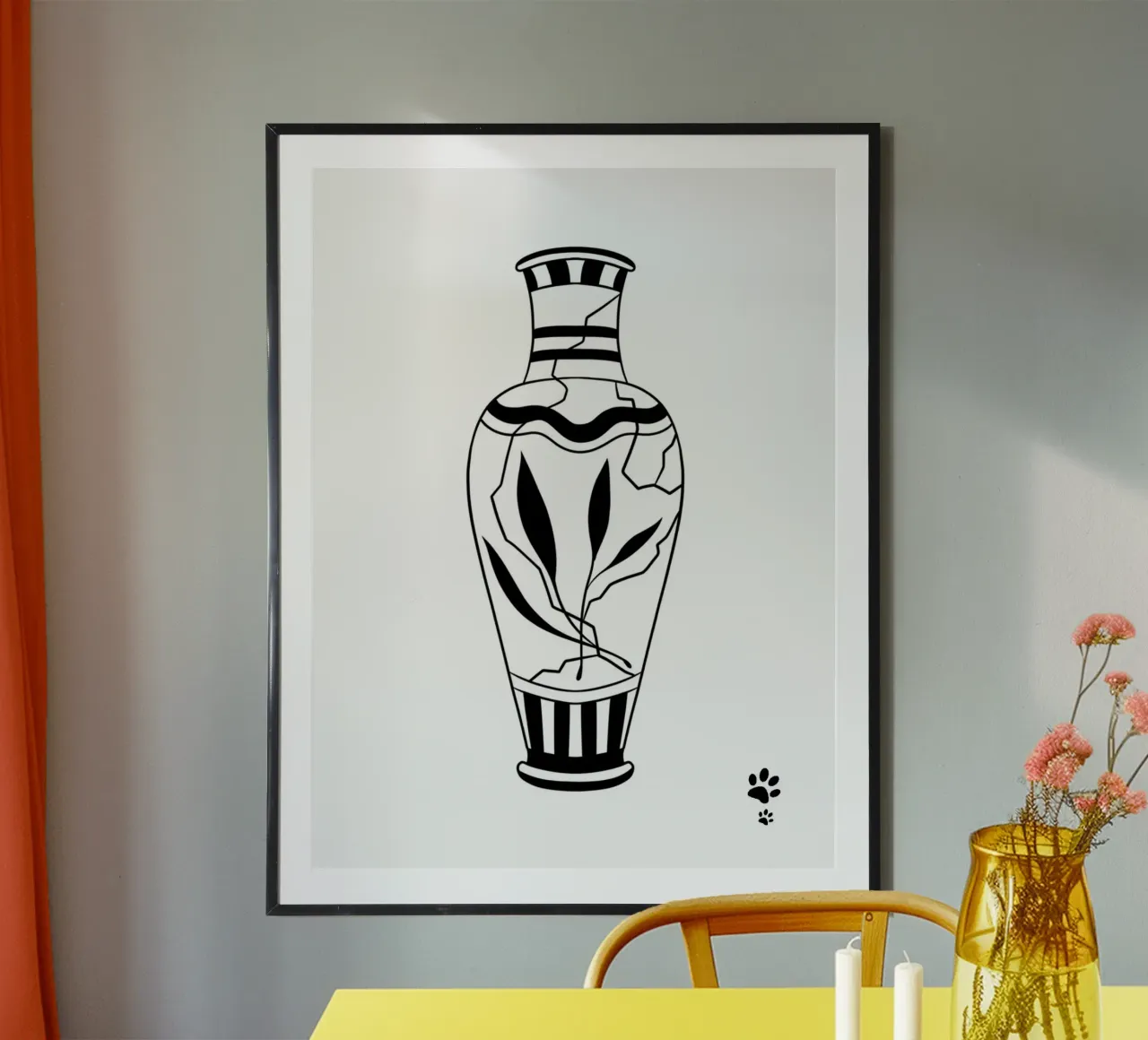 Vase avec feuilles poster avec cadre en bois de catsforyou