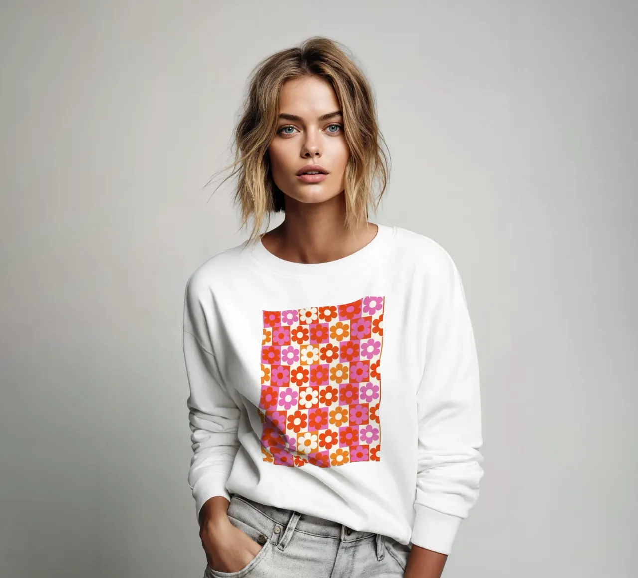 Retro 70s Daisy Pattern Art Print - Pink and Orange felpa da showmemars