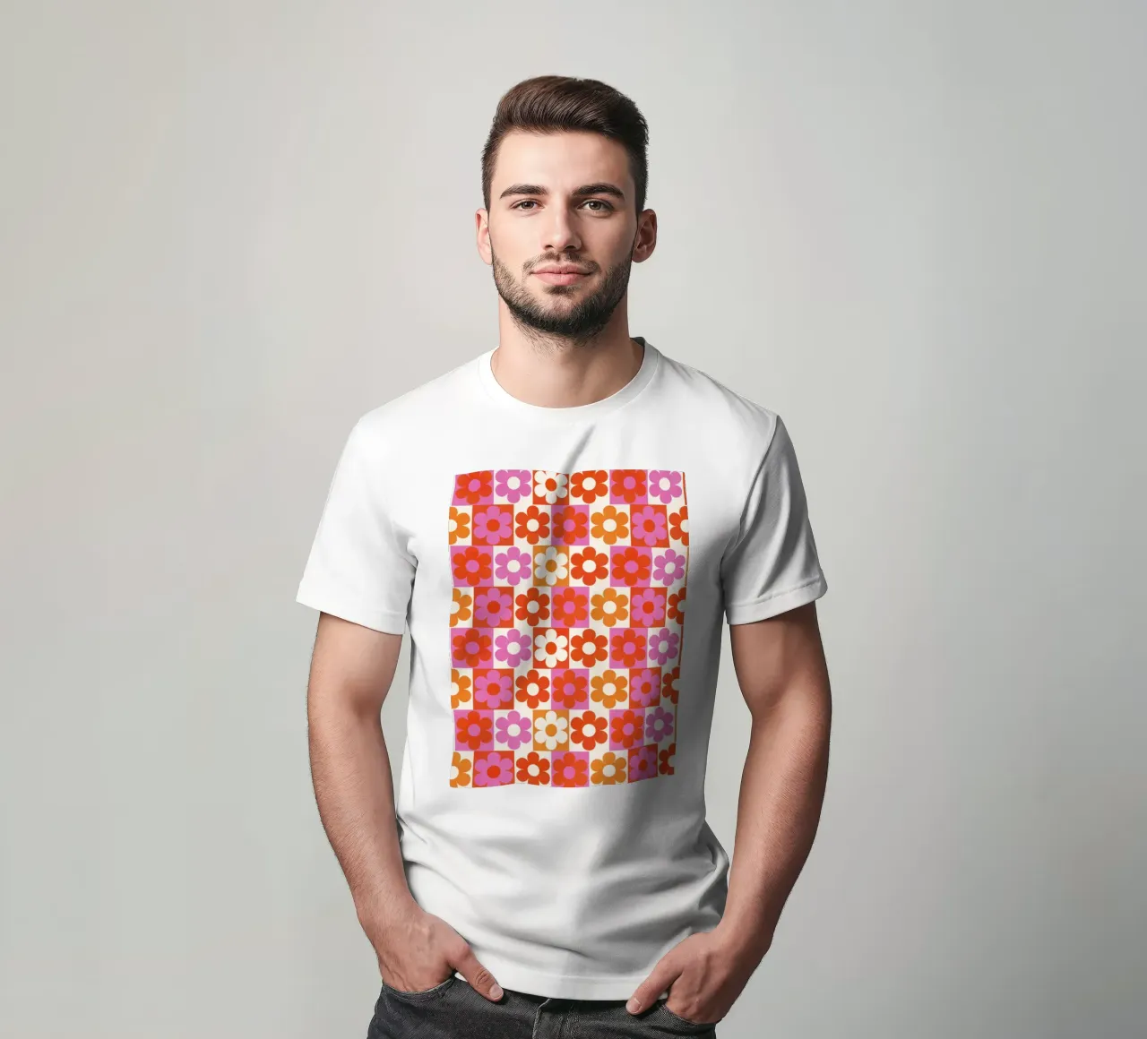 Retro 70s Daisy Pattern Art Print - Pink and Orange t-shirt da showmemars