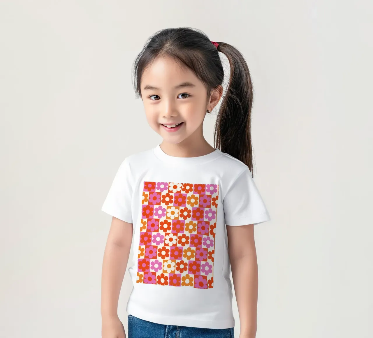 Retro 70s Daisy Pattern Art Print - Pink and Orange t-shirt bambini da showmemars