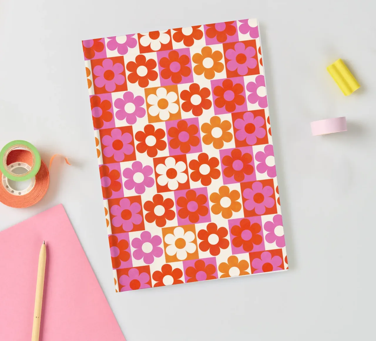 Retro 70s Daisy Pattern Art Print - Pink and Orange notebook by showmemars