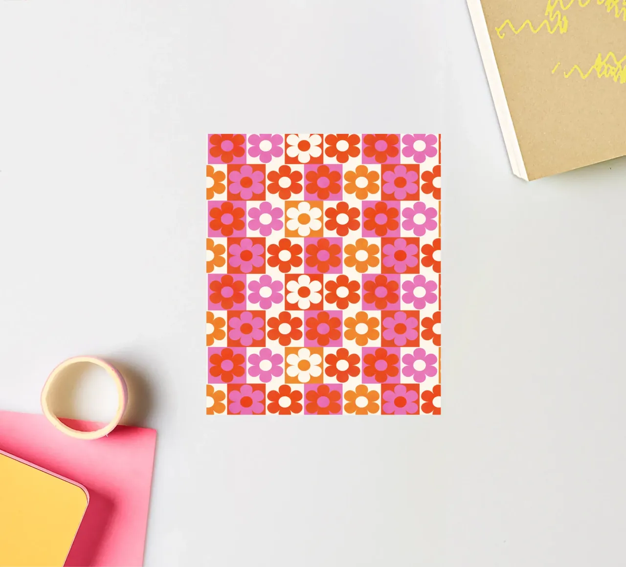 Retro 70s Daisy Pattern Art Print - Pink and Orange adesivo da showmemars