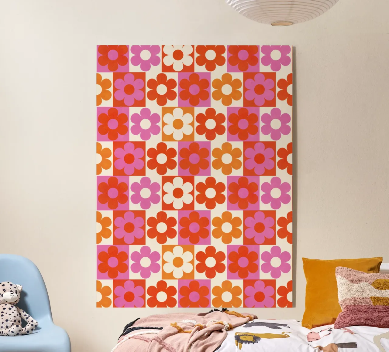 Retro 70s Daisy Pattern Art Print - Pink and Orange plexiglass da showmemars