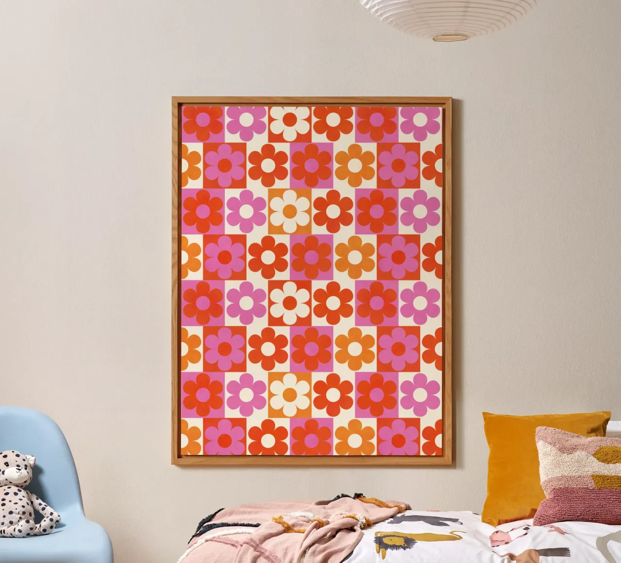 Retro 70s Daisy Pattern Art Print - Pink and Orange alluminio dibond da showmemars