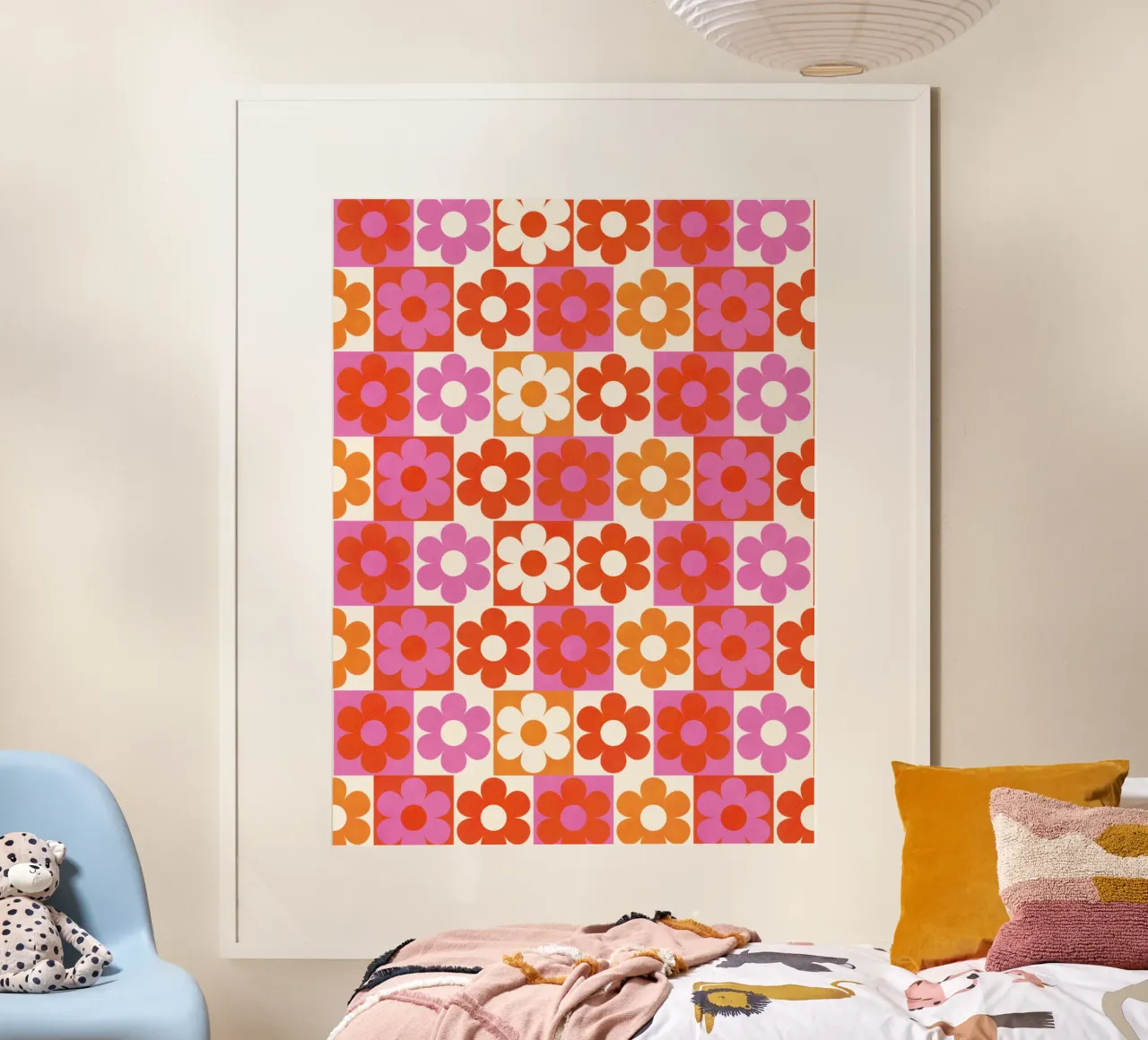 Retro 70s Daisy Pattern Art Print - Pink and Orange poster con telaio in alluminio da showmemars