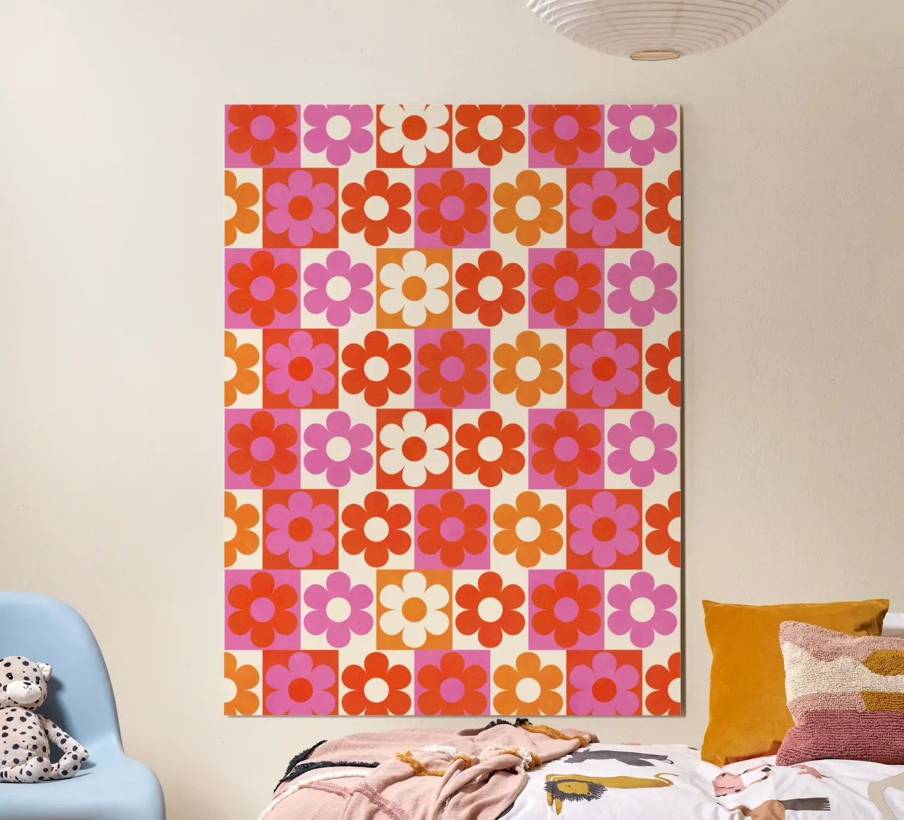 Retro 70s Daisy Pattern Art Print - Pink and Orange poster con telaio in alluminio da showmemars