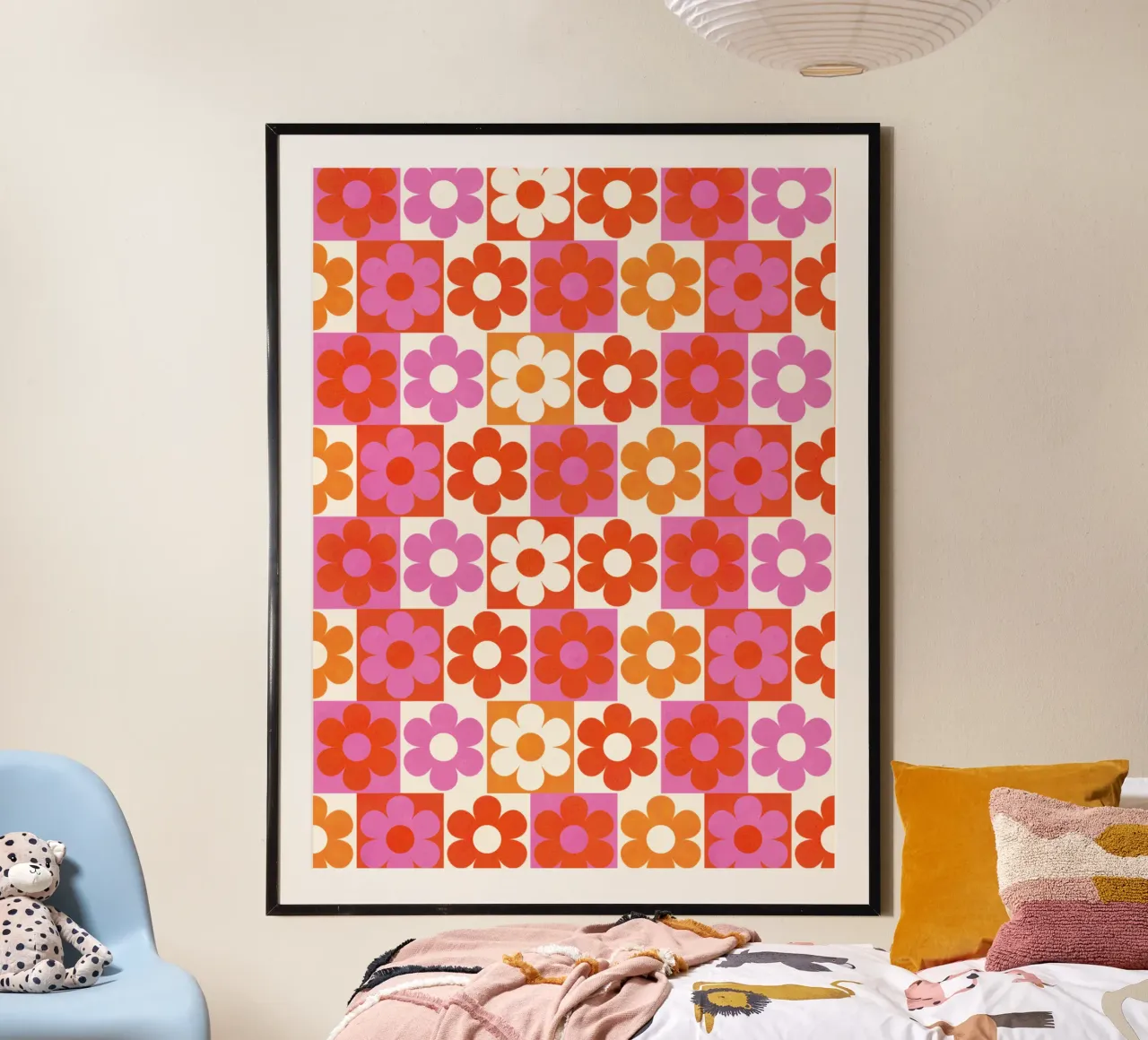 Retro 70s Daisy Pattern Art Print - Pink and Orange poster con telaio in alluminio da showmemars