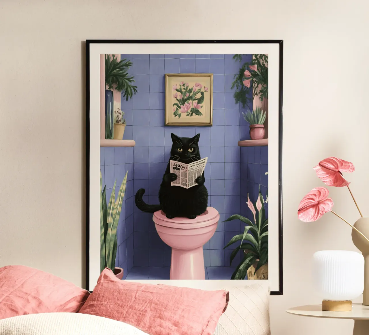 Gatto sul water poster con telaio in alluminio da catsforyou