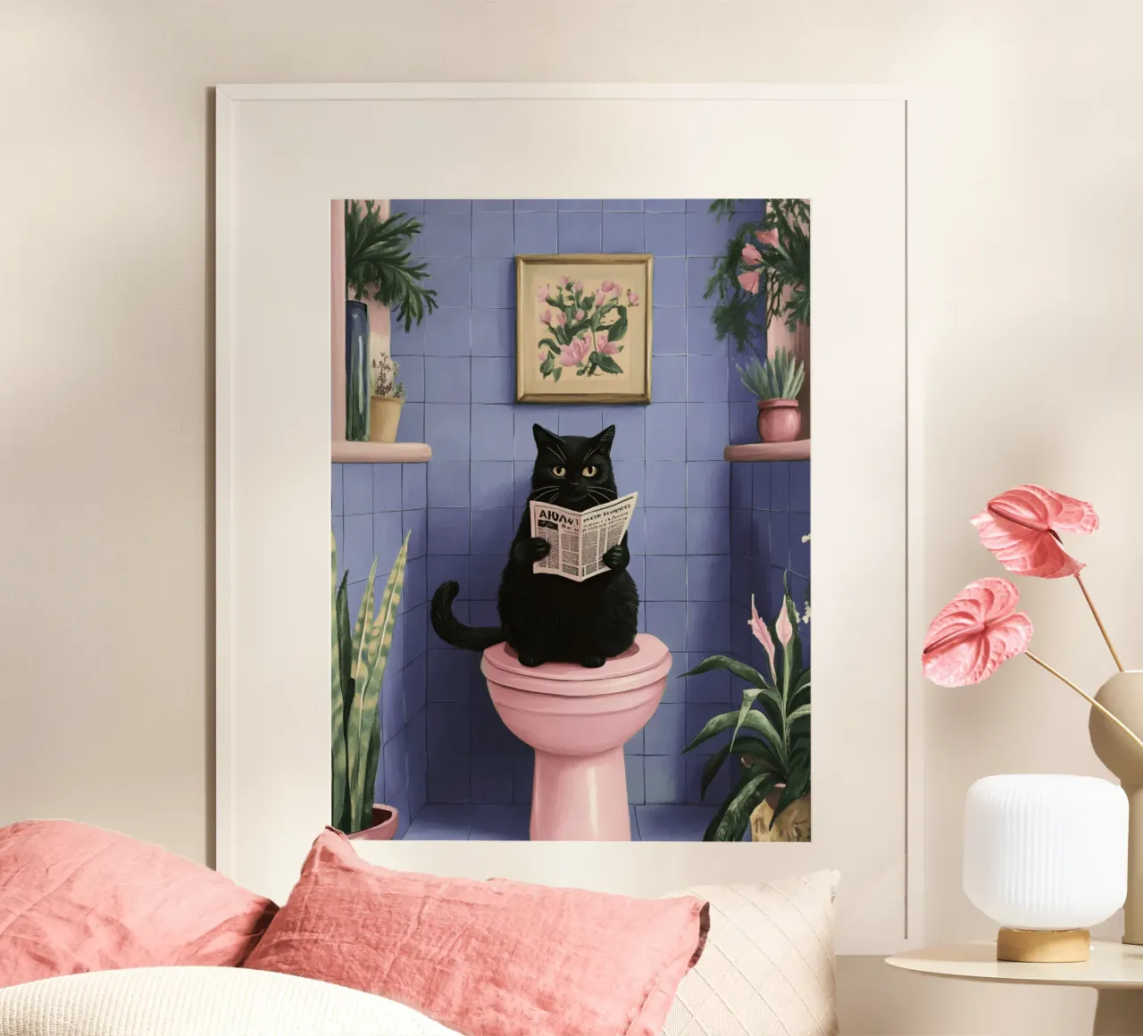 Gatto sul water poster con telaio in alluminio da catsforyou