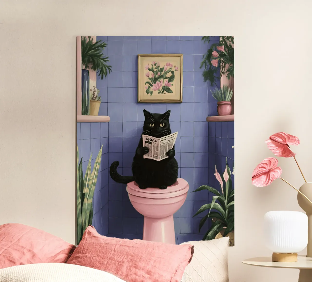 Gatto sul water poster con telaio in alluminio da catsforyou