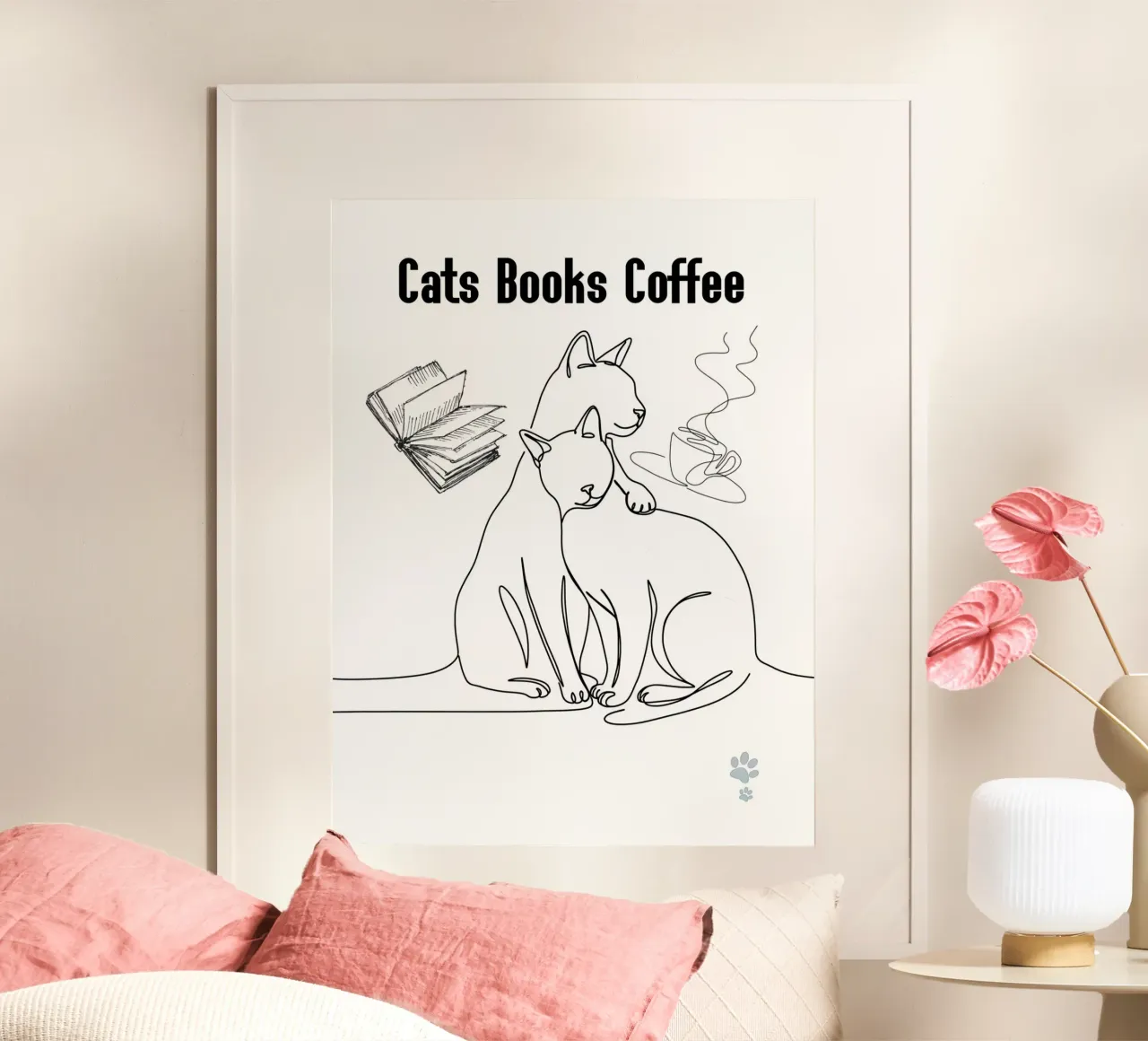 Gatti Libri Caffè poster con telaio in alluminio da catsforyou