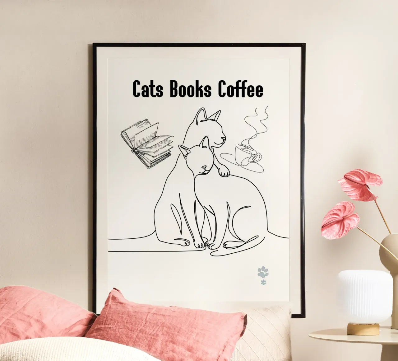 Gatti Libri Caffè poster con telaio in alluminio da catsforyou