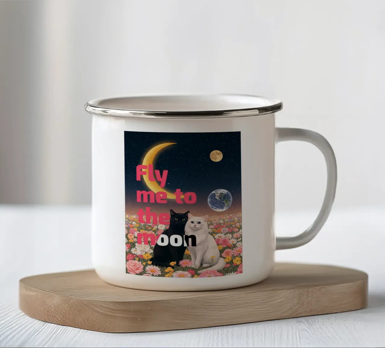 Vola verso la luna tazza in smalto da catsforyou