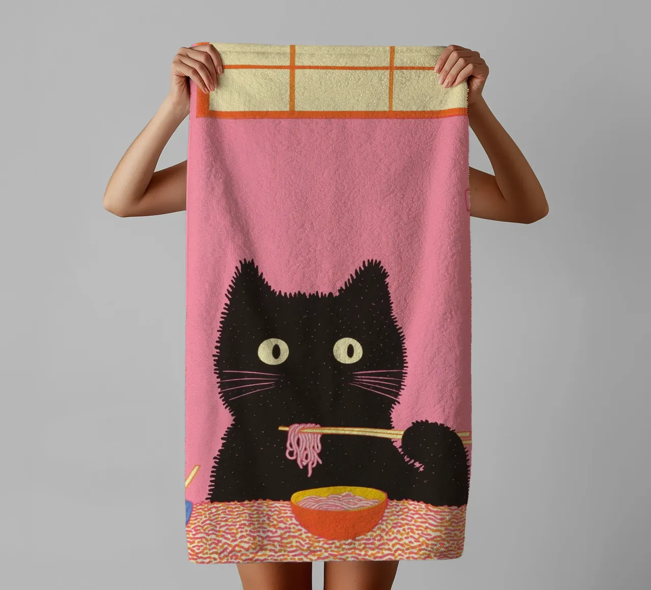 Black Cat & Ramen | Ispirazione Giappone | Cibo e cucina asciugamano da bagno da Kaji