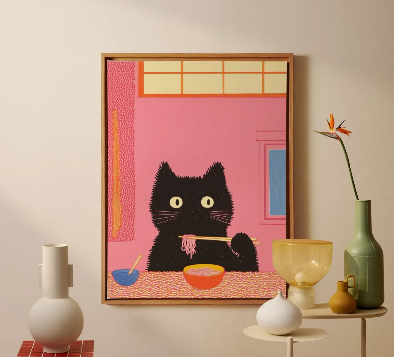 Black Cat & Ramen | Ispirazione Giappone | Cibo e cucina tela con Cornice a cassetta da Kaji