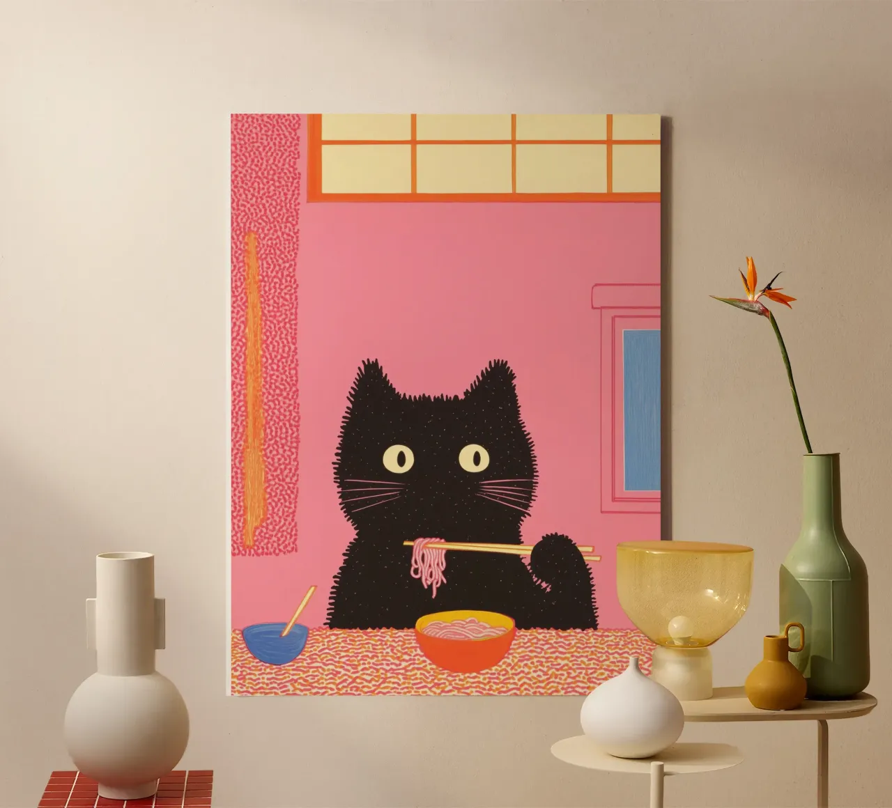 Black Cat & Ramen | Ispirazione Giappone | Cibo e cucina tela con Cornice a cassetta da Kaji