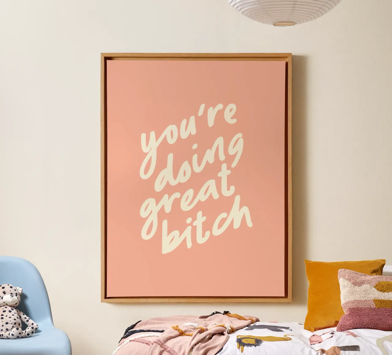 You're Doing Great Bitch Sassy Peach Typography Wall Print canvas with Floater frame by THE MOTIVATED TYPE