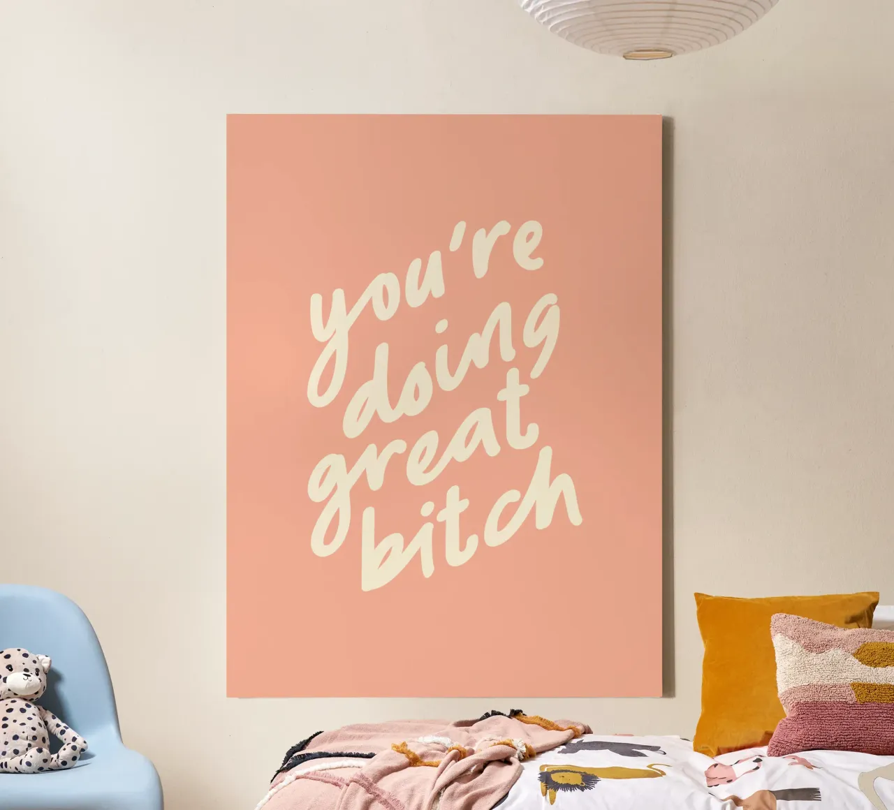 You're Doing Great Bitch Sassy Peach Typography Wall Print canvas with Floater frame by THE MOTIVATED TYPE