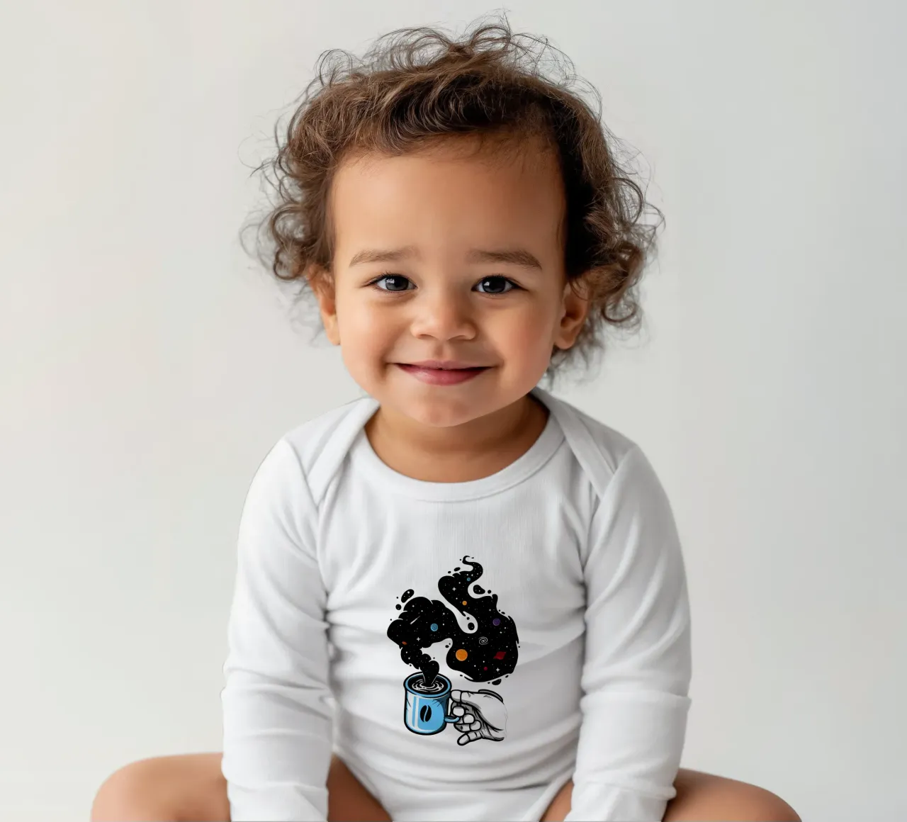 Space Coffee long-sleeve baby romper by LM2KONE